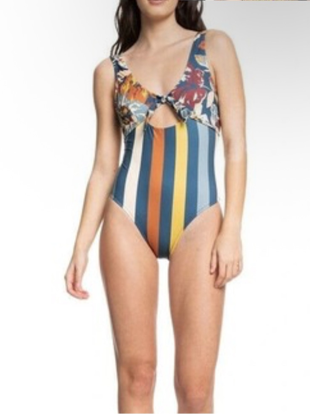 Quicksilver Women Mixed Media One Piece Swimsuit Size M Floral Striped Tie Front